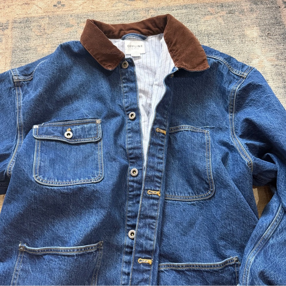 Aerie Blue Denim Jacket with Brown Collar